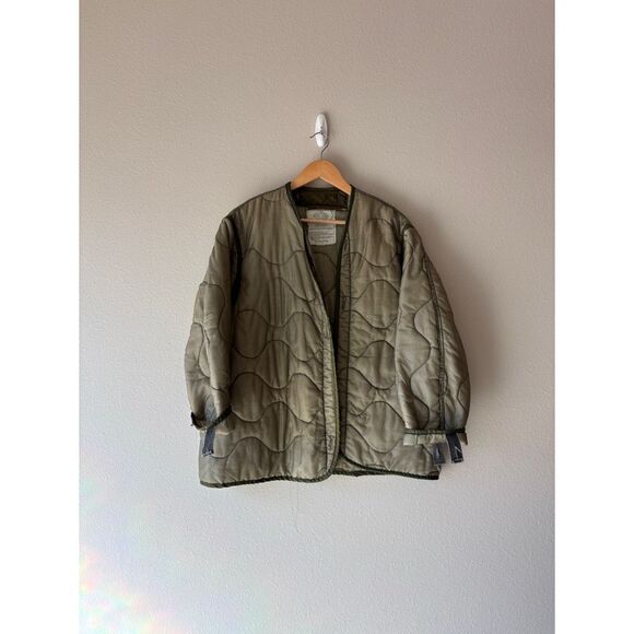 vintage army olive green quilted open front jacket - Picture 1 of 6